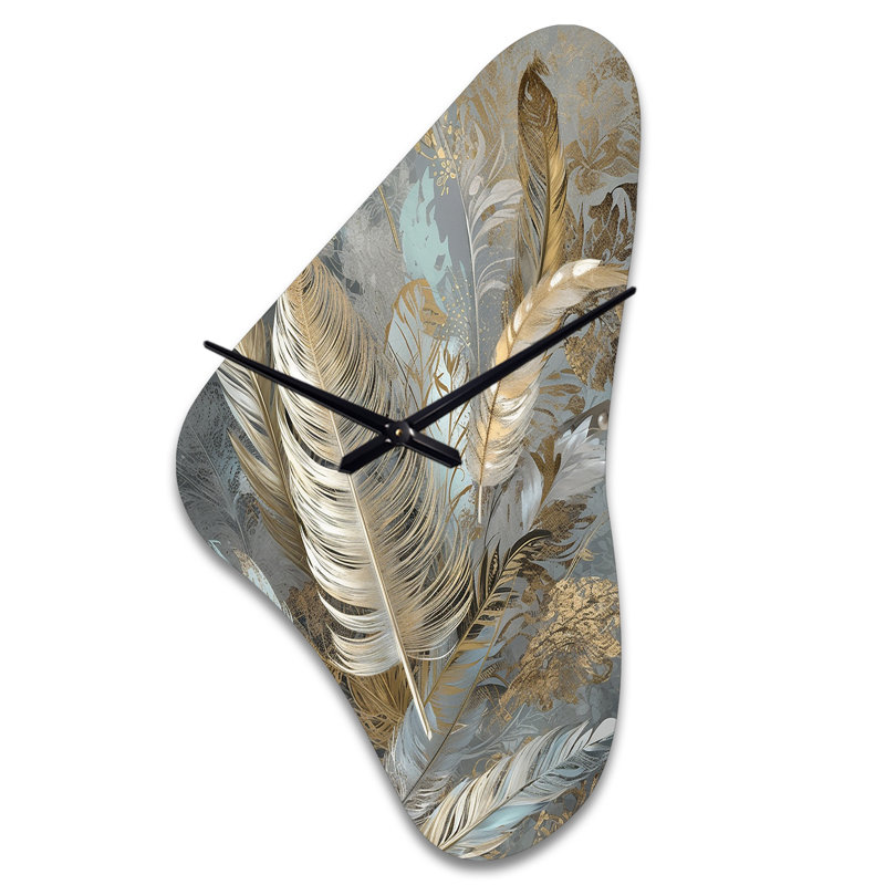 Gold Feather Extravaganza V - Boomerang Shape Large Glam Feather 3D Wall Clock, Medium
