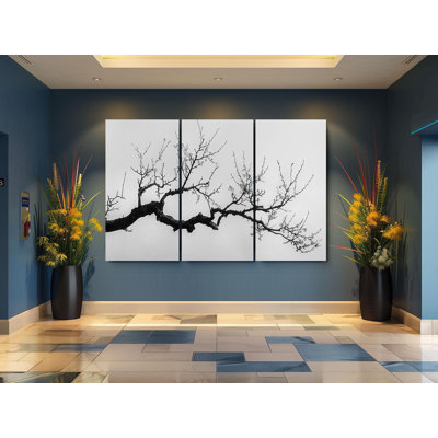 «Triptych Canvas Wall Art - Minimalist Tree Branch Triptych Wall Art Set», impression sur toile 3 pièces faite à la main aux États-Unis, motif de fleur noire intemporelle, reproduction de peinture