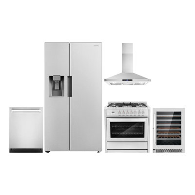 Cosmo 5 Piece Kitchen Appliance Package with Side By Side Refrigerator 35.8'' Dual Fuel Freestanding Built-In Wall Mount Range Hood