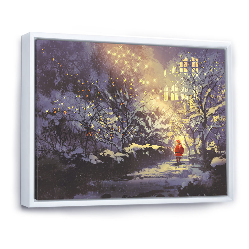 Père Noël en hiver enneigé - œuvre d'art moderne sur toile, H 24 po x l 36 po x P 1 po, Cadre flottant blanc