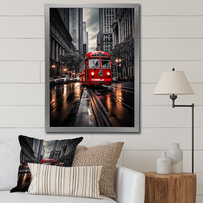 Red City Bus Rhythm I - Cityscapes Wall Art Prints, Cadre photo argenté, H 32 po x l 16 po