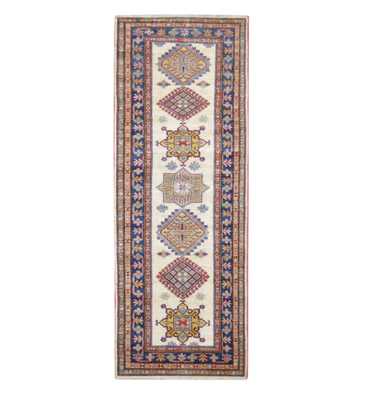 Tapis intérieur en laine bleu/beige 2 pi 7 po x 7 pi 10 po one-of-kind à la main-noué la 2010 Kazak