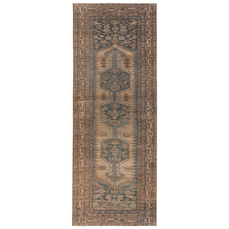 Tapis oriental en polyester tissé à la machine lavable à la machine en brun / bleu / brun clair, Tapis de couloir 2 pi x 6 pi