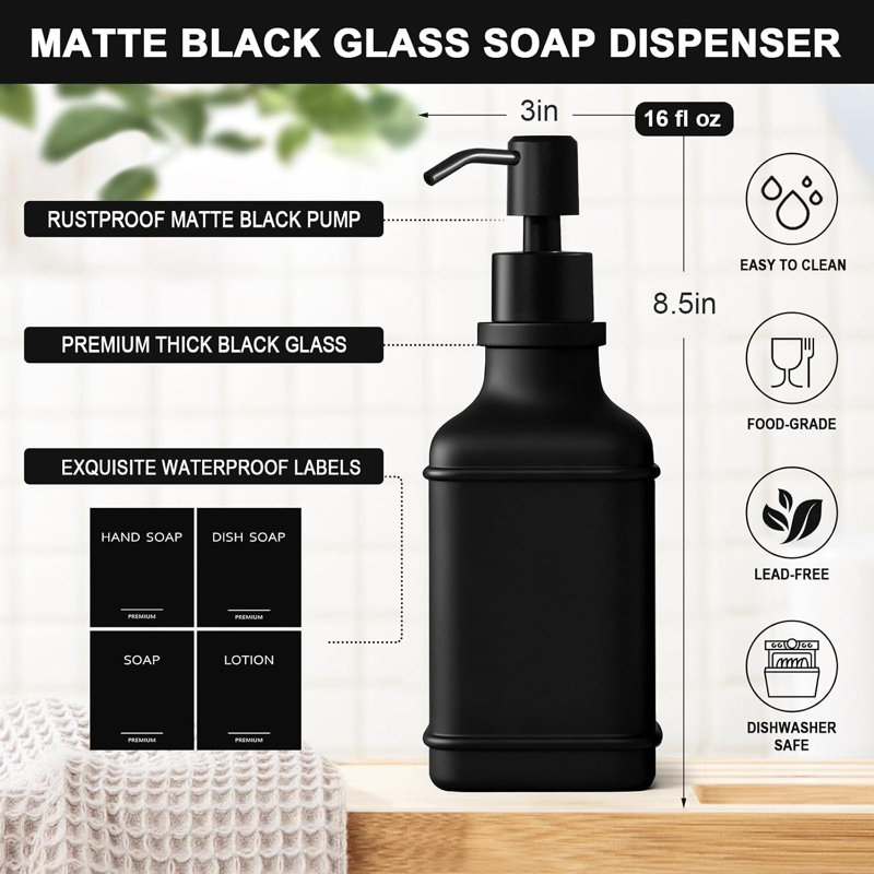 Distributeur de savon moderne pour la cuisine avec plateau en bois, distributeur de savon en verre avec pompe, ensemble décoratif de distributeurs de savon pour les mains et la vaisselle, distributeur de savon et de lotion pour une cuisine et une salle de bain élégantes.
