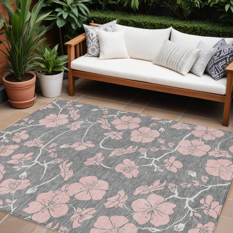 Tapis extérieur lavable floral gris et ivoire 10 pi x 14 pi