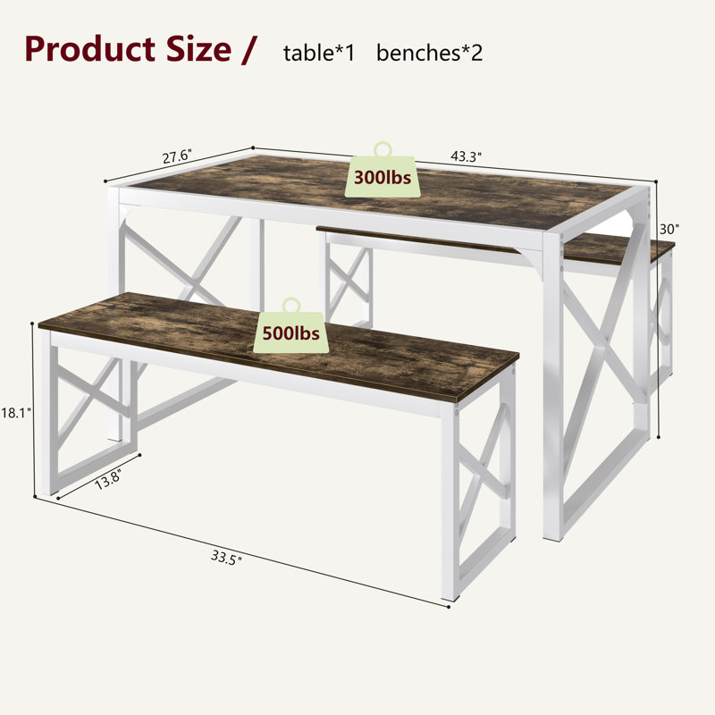 Dark Brown 3-Piece Dining Table Set With Benches – Kitchen, Small Space, Farmhouse, 30" H x 27.6" W x 43.3" D