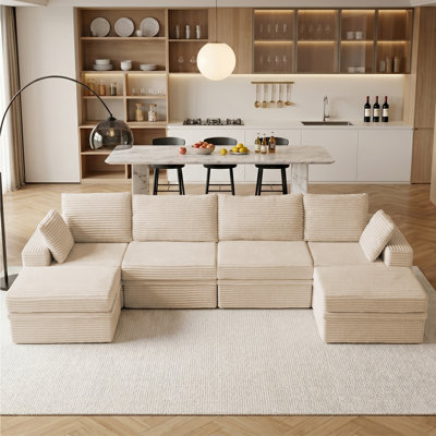 142"W U-Shaped Cloud Modular Sectional Sofa, Minimalist Corduroy Corner Sectional Couch, Extra Deep Seat with 2 Ottomans and Hidden Storage, Easy Mini Assembly, Ideal for Living Room