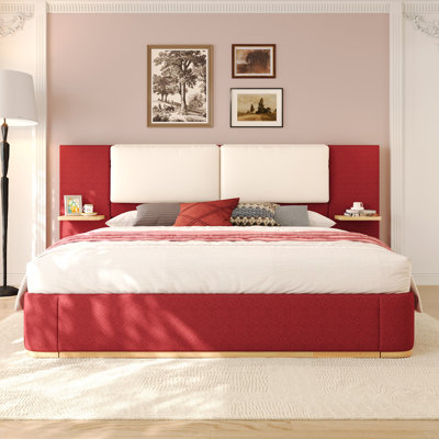 Grand lit plateforme tapissier avec panneau, cadre de lit plateforme avec coins arrondis doux anti-collision, stable et solide, aucun sommier requis, assemblage facile, rouge