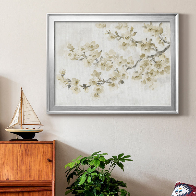 «Neutral Cherry Blossom Composition I», peinture sur toile encadrée, Cadre argenté, H 18,5 po x l 24,5 po x P 1 po