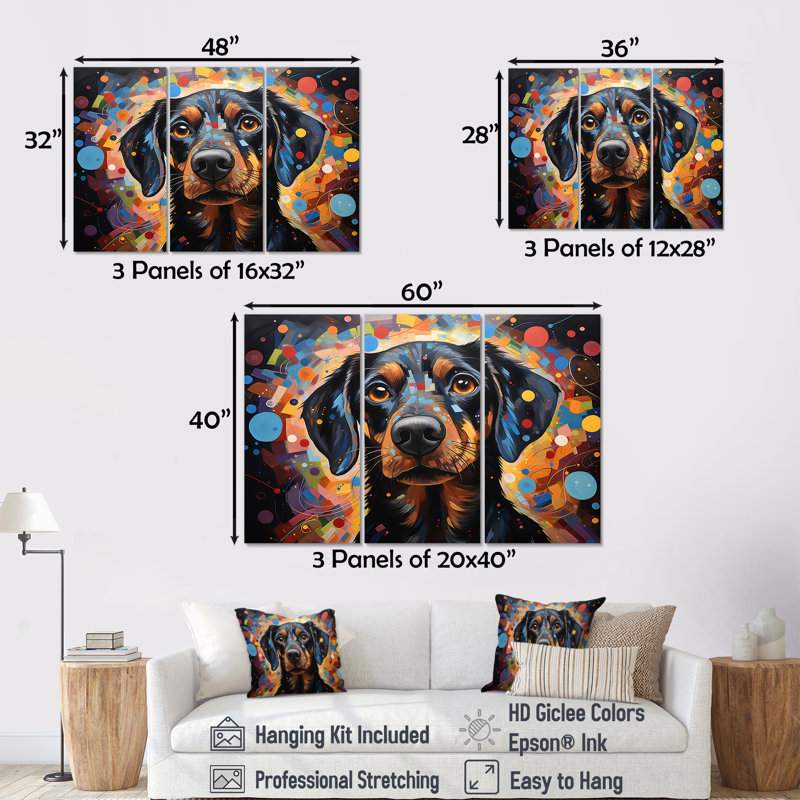 Dachshund Delight I - ensemble d'art mural chien, H 32 po x l 48 po