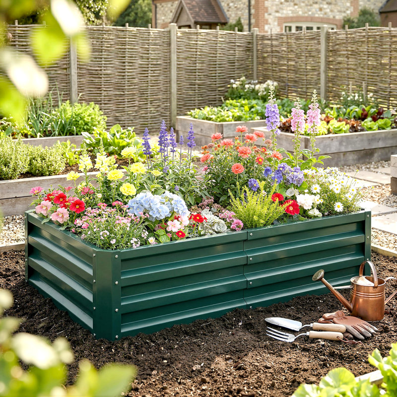 Evelin Metal Rectangular Raised Garden Bed, Green, 1, 12" H x 48" W x 24" D