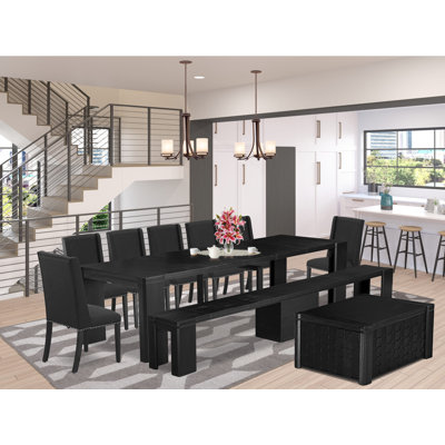 10-piece Dining Table Set a Kitchen Table with a coffee Table and a wooden Bench and 7 Black Linen Fabric Dining Chair, Wire Brushed Black