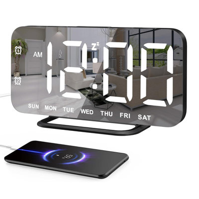 Slim LED Clock ,Digital Clock, Alarm Clock，Mirror Surface For Makeup, With Diming, Large Display, Easy Setting, USB Charger Ports Desk Clock.(Black)