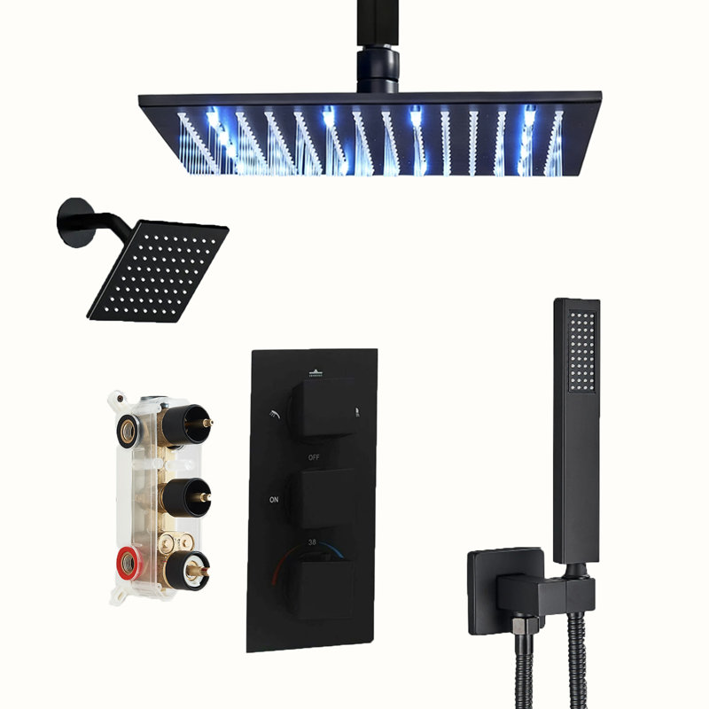 Thermostatic Shower Faucet System, Ceiling Mount High-Pressure Rainfall Dual Shower Head with Rough-In Valve