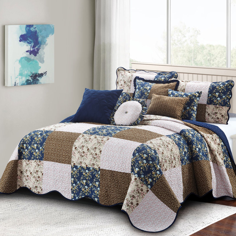 8 Piece Patchwork Bedspread Set, Dark Blue, King Quilt + 4 Shams + 3 Throw Pillows