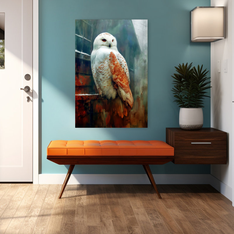«Snowy Owl», art abstrait contemporain, paysage d'oiseaux, forêt, hibou, H 48 po x l 32 po