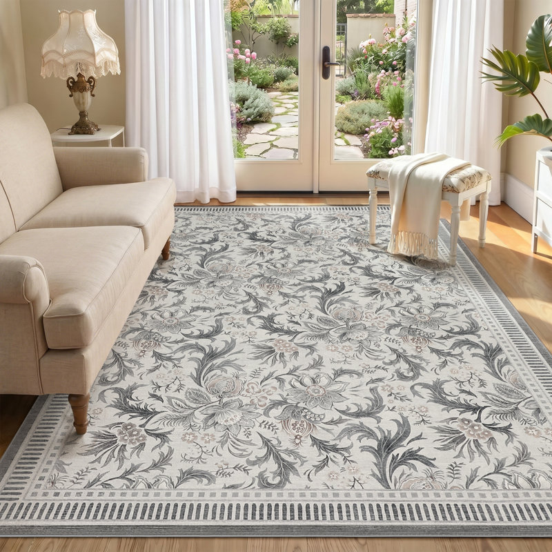 5x7 Floral Soft Washable Area Rug Non Slip Low Pile Carpet for Living Room Bedroom and Dining Room, Grey, Gray