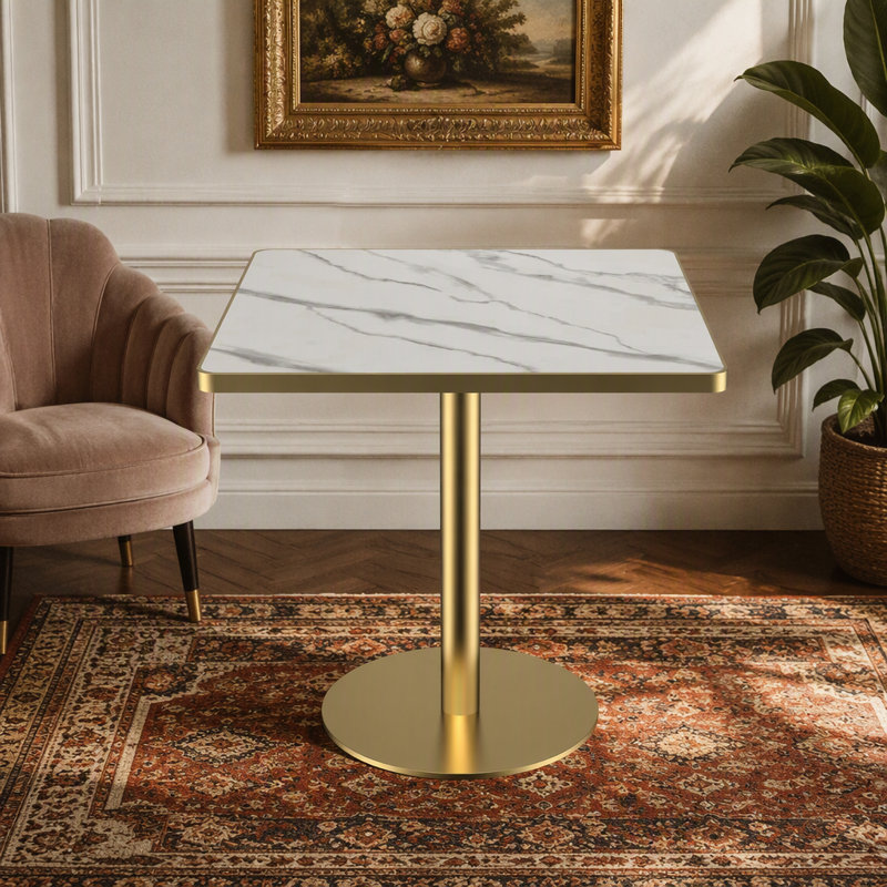 Table de salle à manger carrée moderne 31,5 po Tulip, 32.68" H x 31.5" W x 31.5" D, White/Silver/Gold, Métal métal