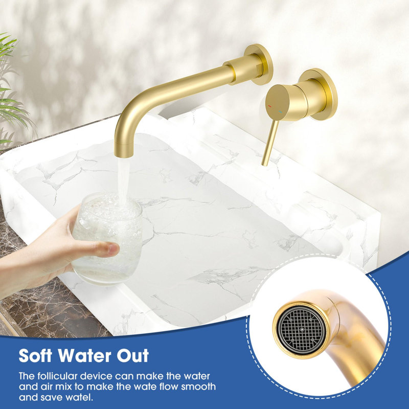 Wall-mounted faucet with single handle for bathroom sinks or tubs, Brushed Gold
