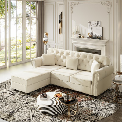 82.6" Velvet Upholstered Chesterfield Sofa Rolled-Arm Tufted Sofa Couch with Ottoman and 3 Pillows