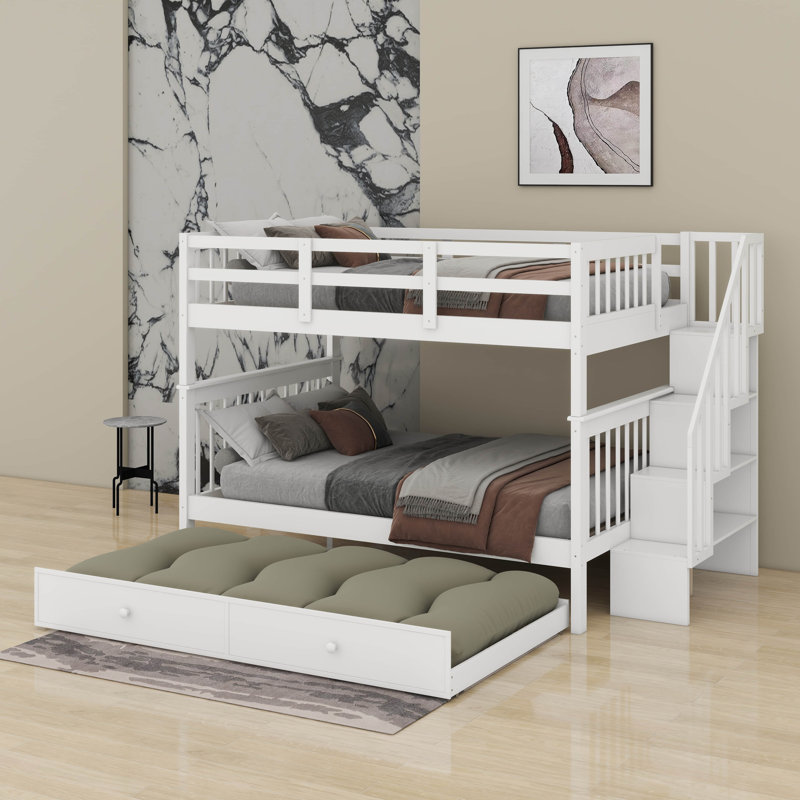 Stairway Full-Over-Full Bunk Bed With Trundle, Storage And Guard Rail, White