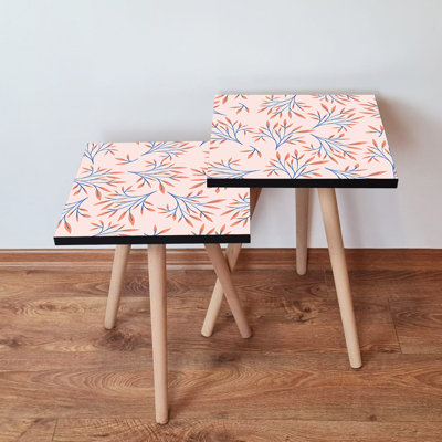 Modern Nesting Table Set (2 Pieces), Salmon & Navy Blue, 13.8 x 18.5 x 13.8 inches & 13.8 x 16.5 x 13.8 inches | 100% MDF with Durable Beech Wood Legs, Stylish Flower Design for Elegant Living Room & Study Spaces