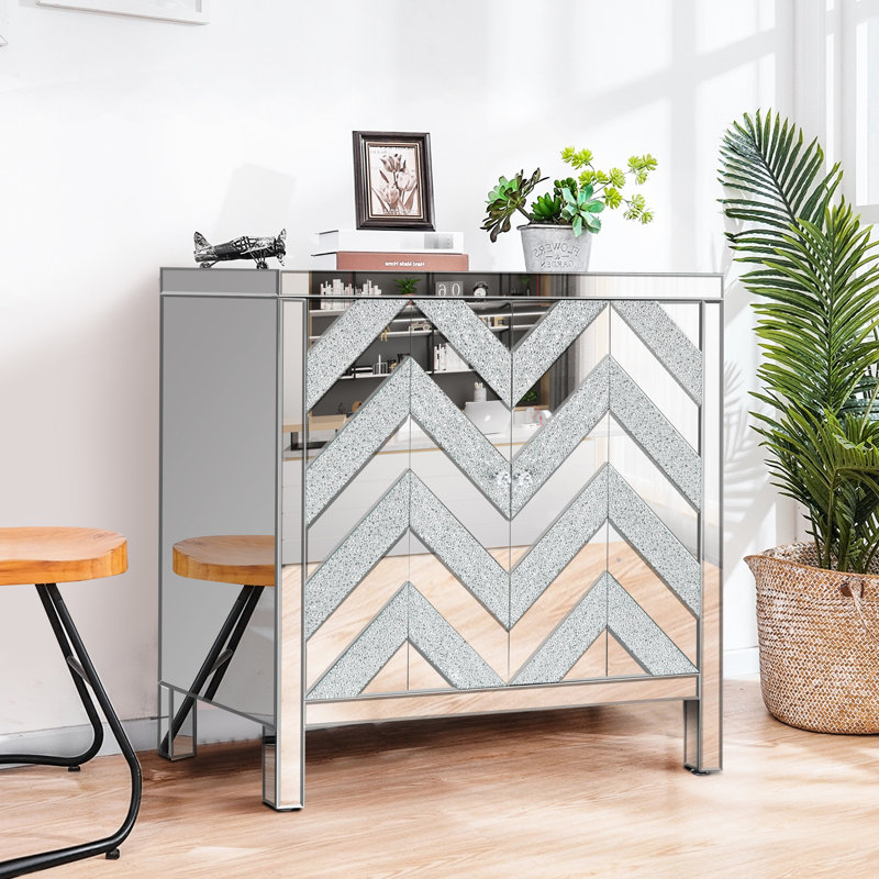 Armoire de rangement en forme de M à finition miroir - Argent pour la vie, la salle à manger, le vestibule, la cuisine et le verre avec garniture robuste