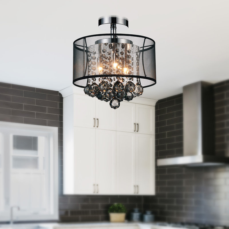 12-Inch 3 Light Flush Mount Crystal Chandelier – Compact Ceiling Light Fixture with Sparkling Smoke Grey Crystal Shades for Small Spaces