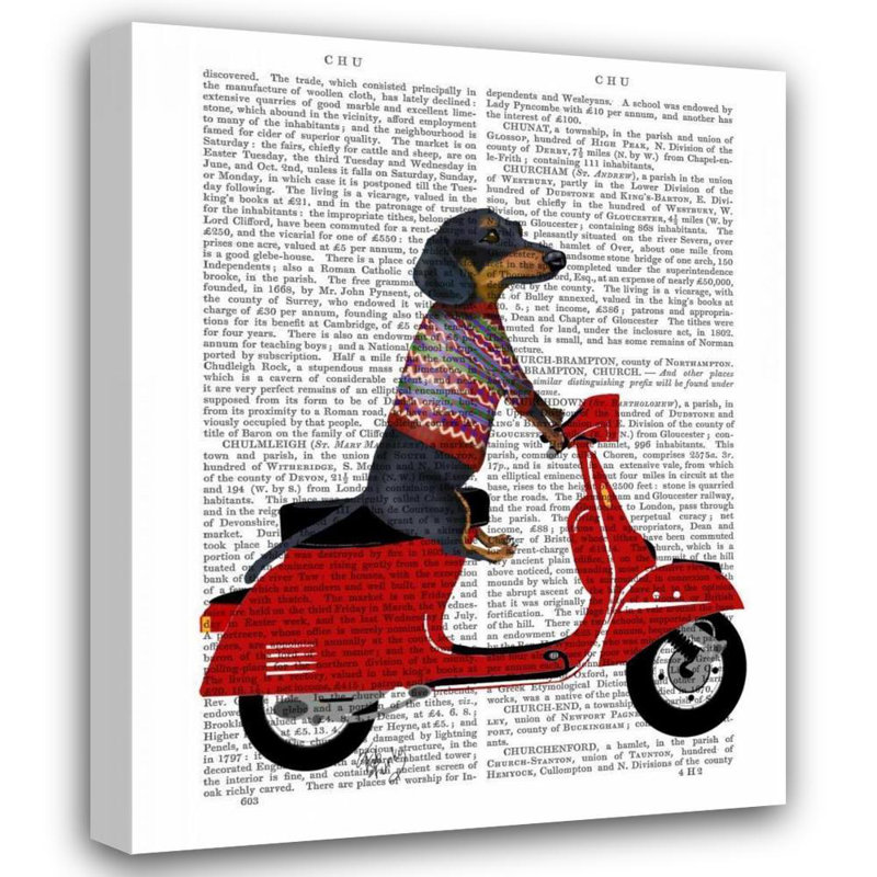 Art sur toile tendue Red Barrel Studio® Fab Funky Gallery: Dachshund on a Moped, H 45 po x l 36 po