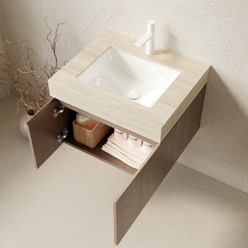Meuble-lavabo 24 po avec plateau en pierre frittée, Marron clair, Beige