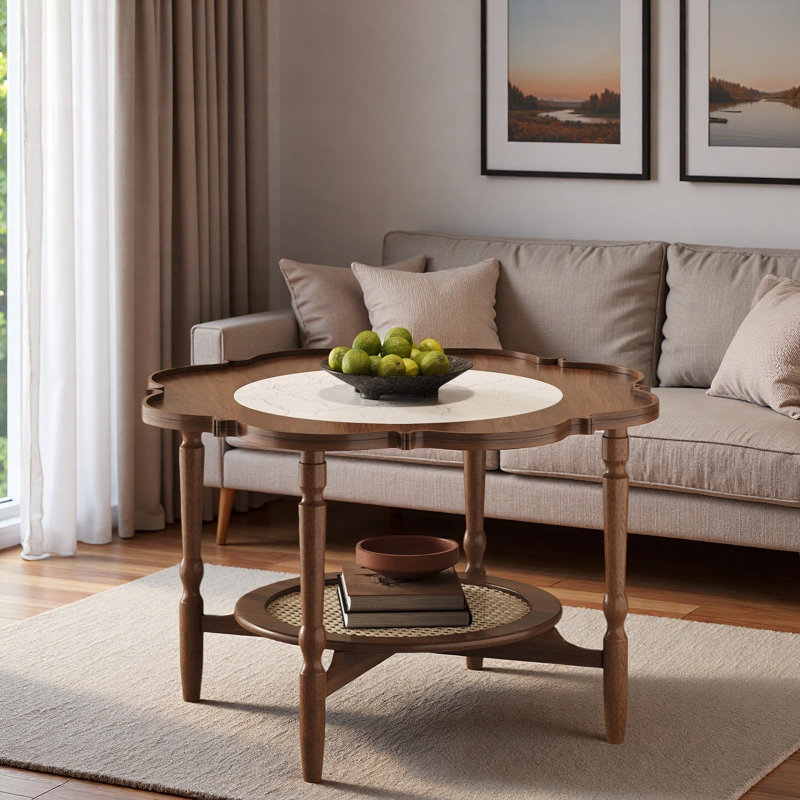 Table basse de style Mid-Century avec rangement à 2 niveaux, plateau en verre blanc craquelé et design en forme de pétale