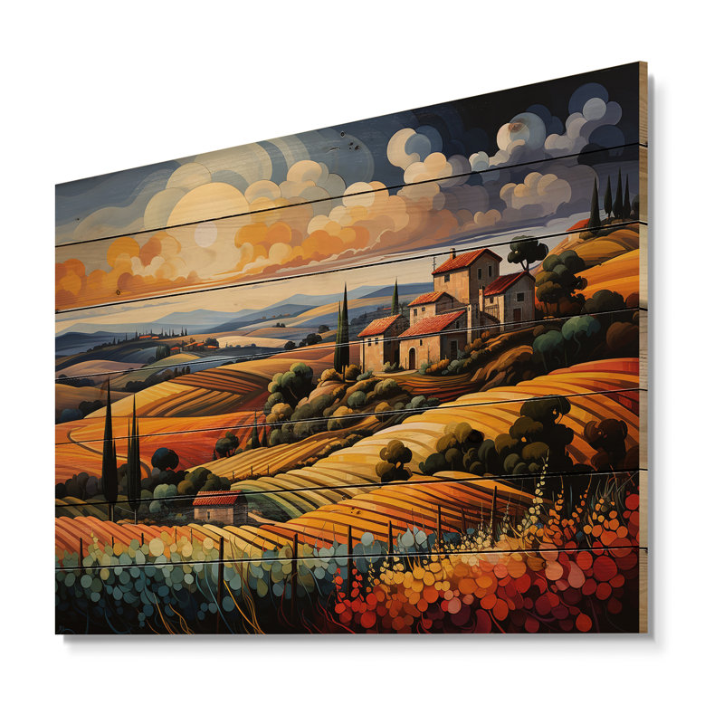 Italie, Toscane, vignobles, V, impression sur bois, H 30 po x l 40 po x P 0,78 po