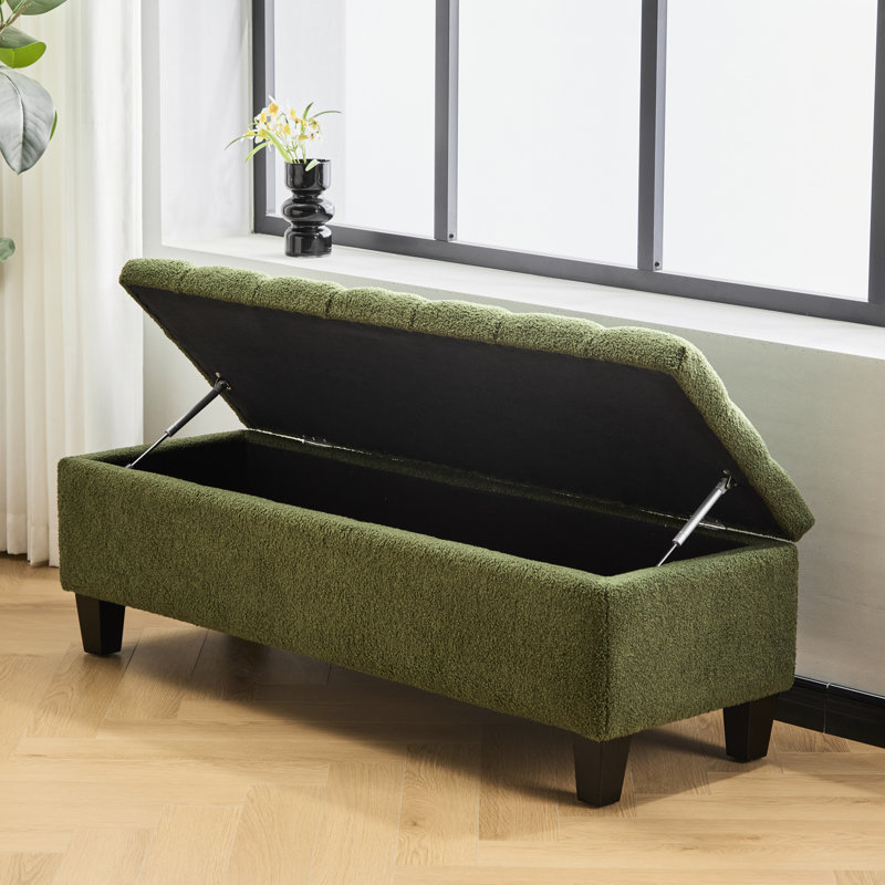 Banc avec surface bouclée, espace de rangement, pieds en bois d'hévéa, capacité de 300 lb, capitonnage à boutons et coutures en losange, idéal pour le décor du salon, rangement de L 51,74 po x l 17,77 po, charnières souples