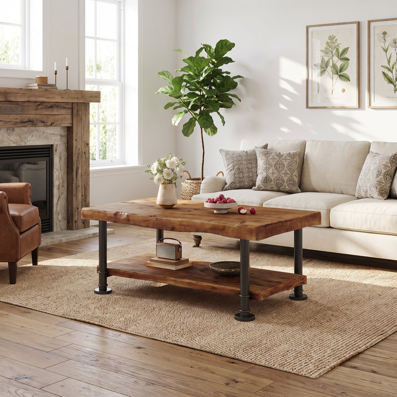Table basse de 119 cm (47 po) en sapin massif à bords naturels, table centrale à deux niveaux de style industriel/ferme avec pattes en métal