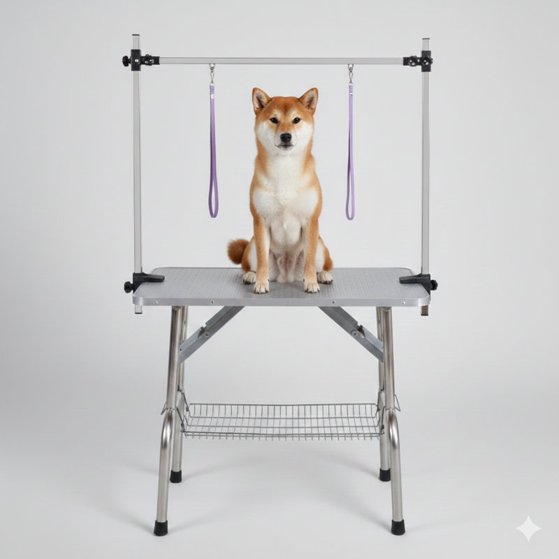 La table de toilettage pliante pour chiens et chats, fabriquée avec une structure en acier inoxydable et un plateau en caoutchouc, comprend un bras réglable et des pinces de 42 po de couleur argent