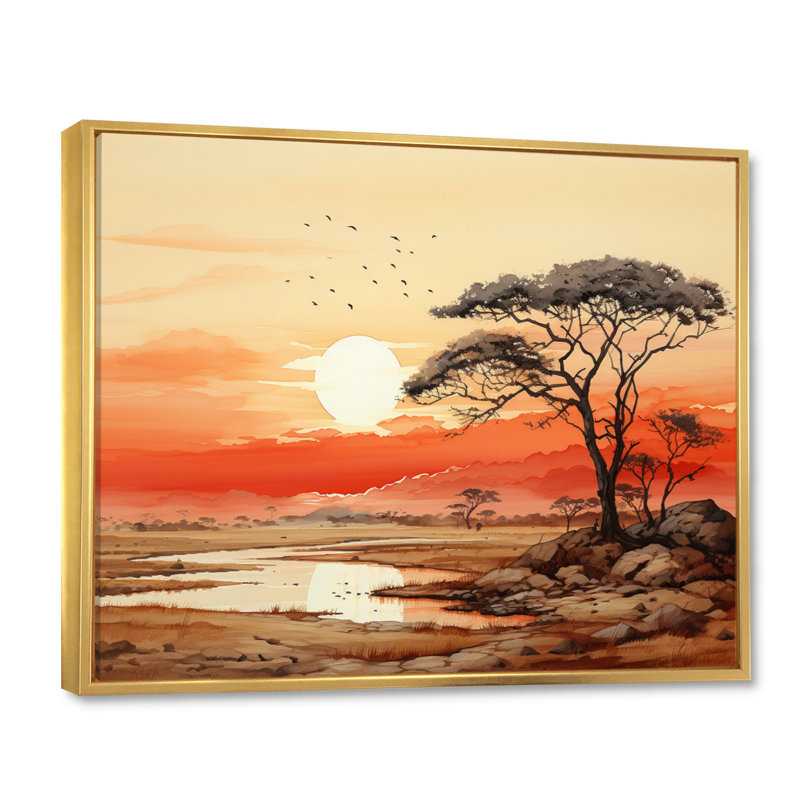 Orange, jaune, paysage africain, impressions sur toile, H 12 po x l 20 po x P 1 po, Cadre flottant doré