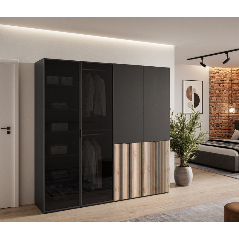 Manufactured Wood Wardrobe, Black Graphite + Wotan Oak/Black Glass