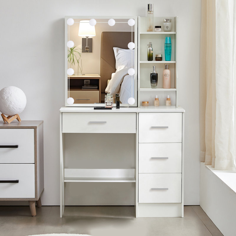 Ensemble de meuble-lavabo avec miroir et lumières, meuble-lavabo de chambre à coucher avec tiroirs et tablettes , Blanc