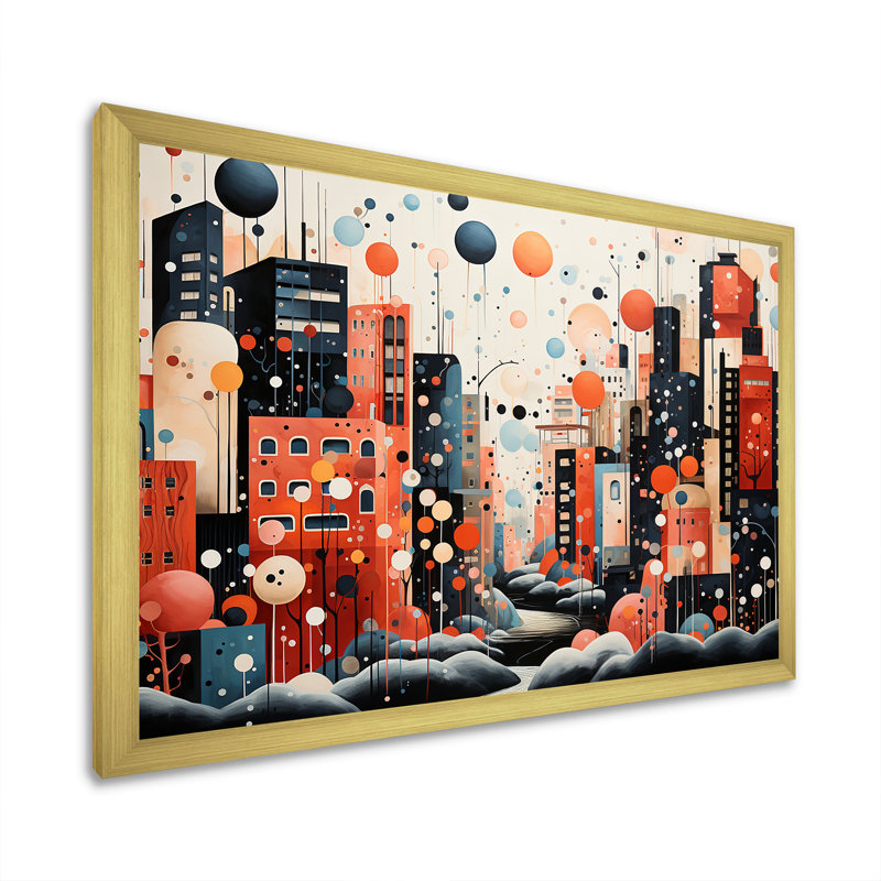 Orange, paysage urbain, art déco II, Cadre doré à coins fermés, H 24 po x l 32 po x P 1 po
