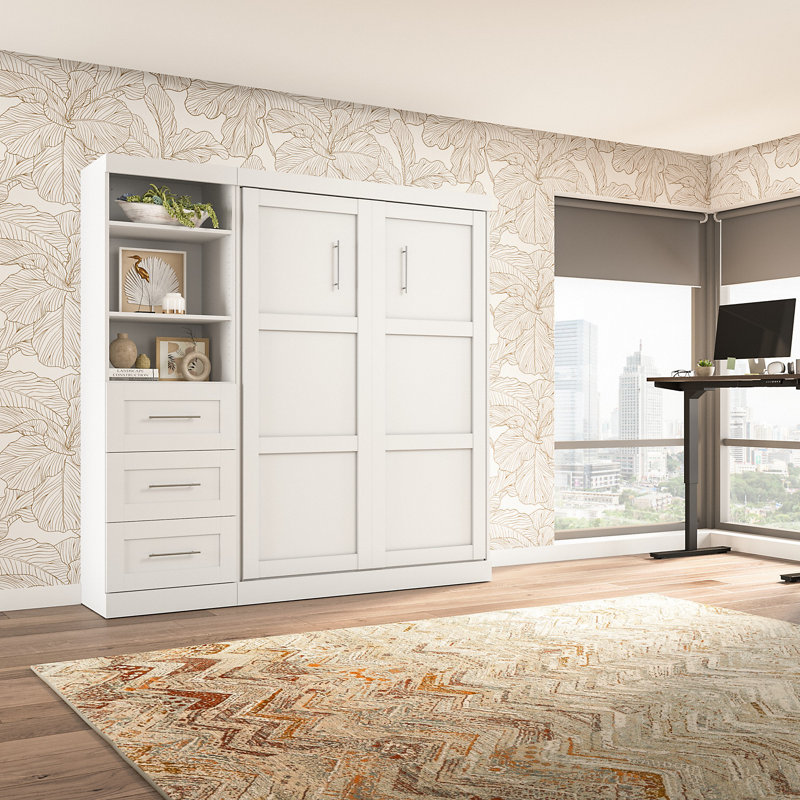 Arlex Murphy Bed with Shelving and Drawers, White, Queen