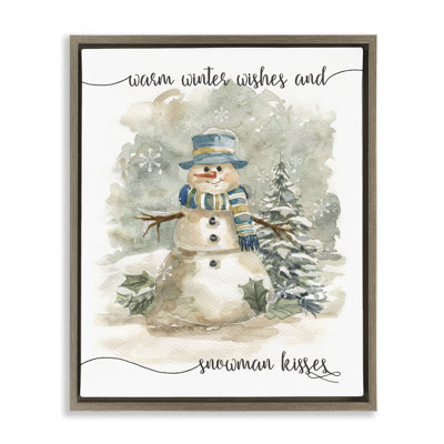 Snowman Kisses Phrase Framed Giclee Art by Livi Finn