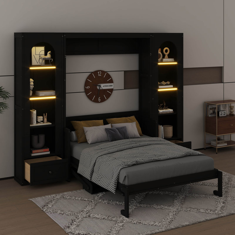 Grand lit escamotable grand format avec armoires de rangement, tiroirs, éclairage DEL et tablettes, Noir