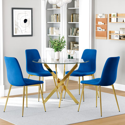 Round Glass Dining Table Set, 36" Clear Tempered Glass Tabletop With 4 Velvet Dining Chairs(Set Of 5)