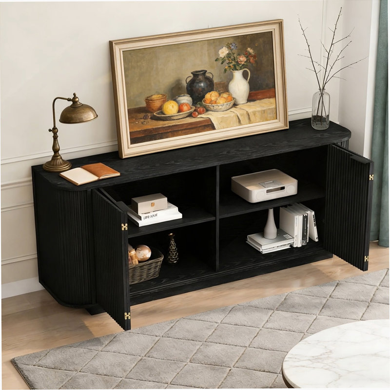 Buffet de rangement ondulé 63 po à deux portes avec tablettes réglables, idéal pour la cuisine, le salon, le couloir - rangement polyvalent (noir)