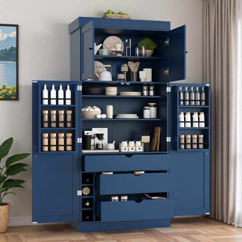 Grand garde-manger autoportant avec tablettes réglables, tablettes de porte, tiroirs et porte-bouteilles, Bleu
