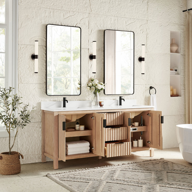 Meuble-lavabo double 72 po avec plateau en pierre blanche Charnley, Chêne naturel vieilli / noir mat