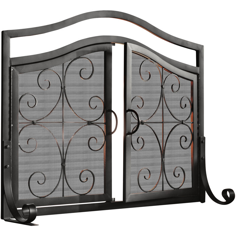 Small Crest Fireplace Screen With Doors, 31.5" H x 38" W x 3.75" D, Black