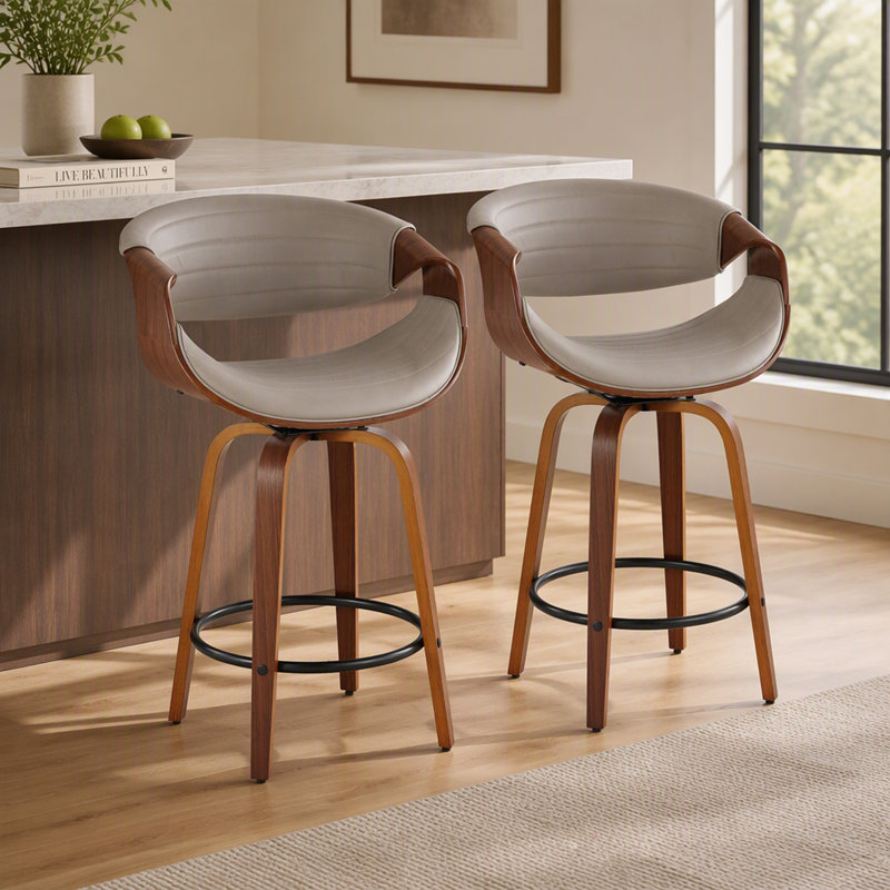 Tabouret de bar pivotant de style moderne du milieu du siècle avec revêtement en similicuir et pieds en bois - Lot de 2