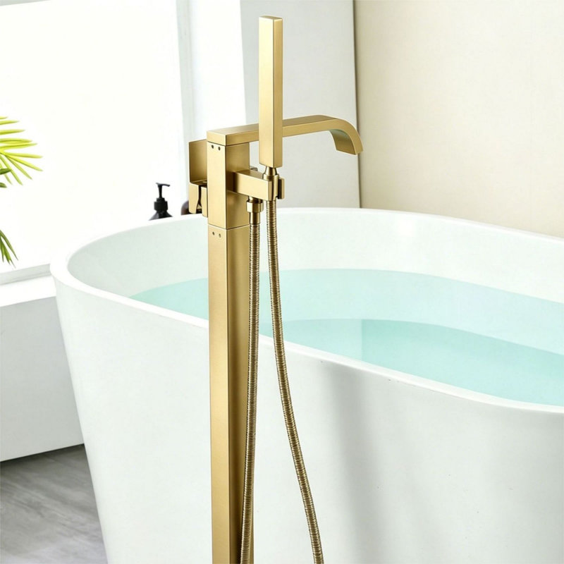 Robinet de baignoire autoportant à fixation au sol avec douche à main, Or brossé