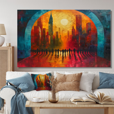Rouge, bleu, ville, connexion, été, ciel, gratte-ciel, ponts, art mural, salon
